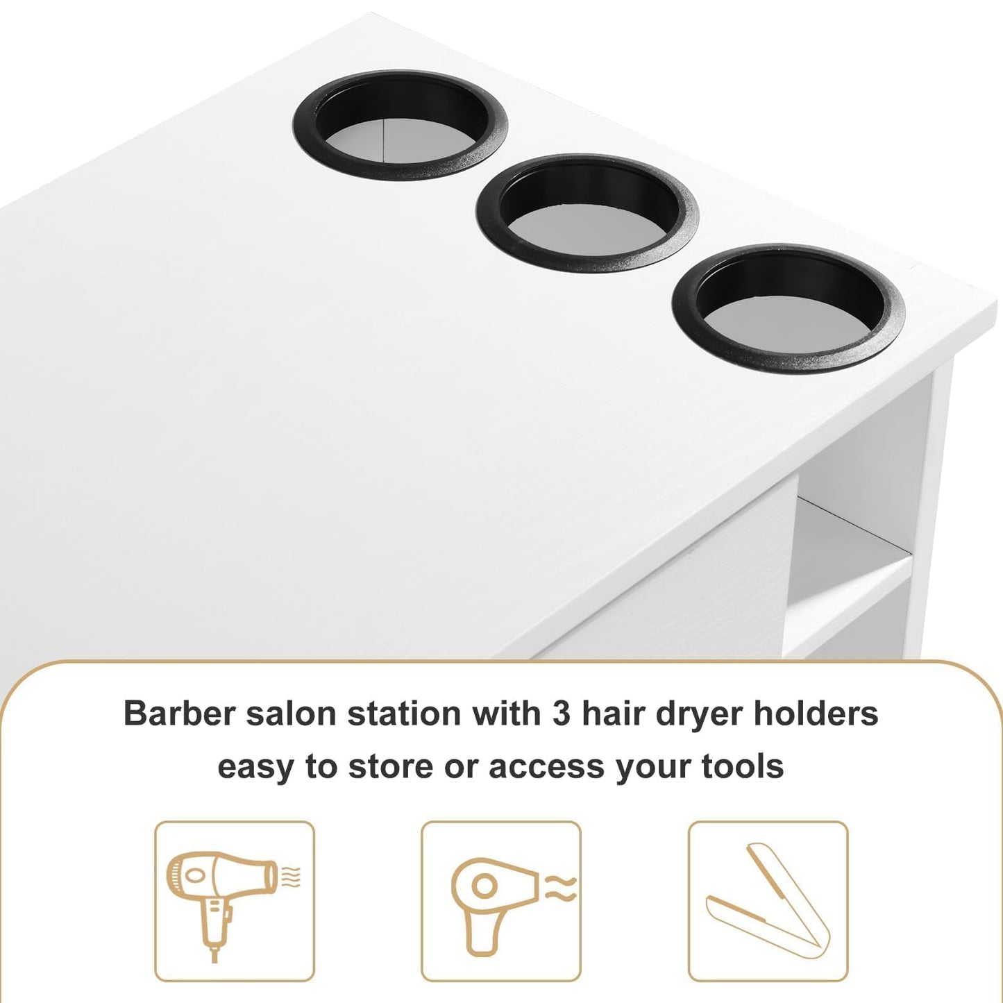 4ever2buy Hair Salon Station for Hair Stylist, Salon Wall Station with Barber Cabinet, Barber Stations Equipment Hair Dryer Holder, Drawers (White)
