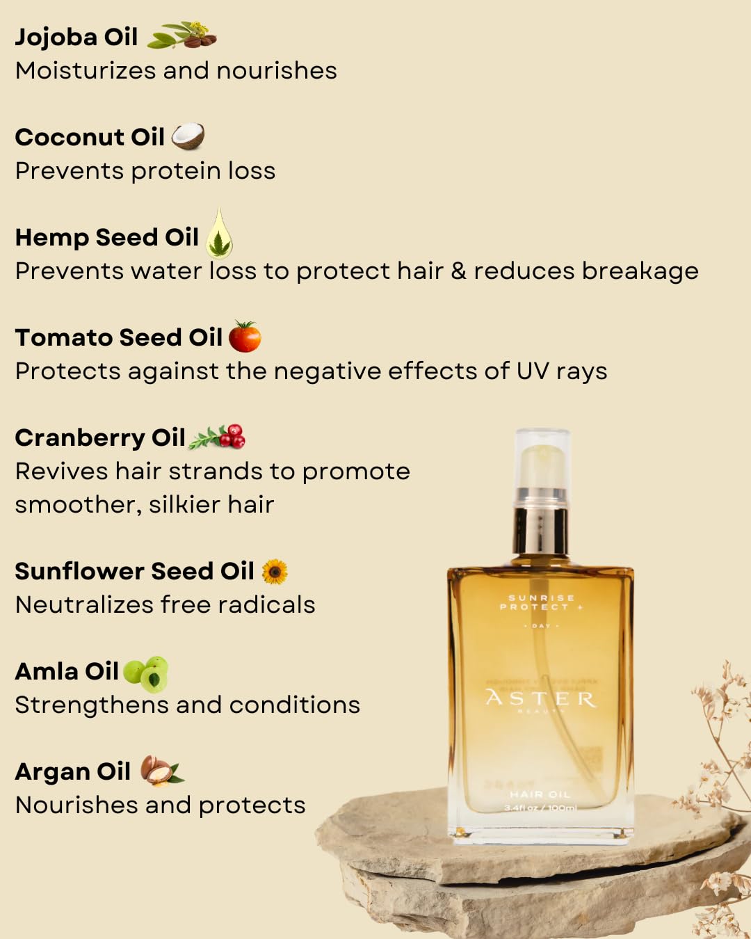 Aster Beauty Hair Oil for Frizz Control & Shine Sunrise Protect + Hair Oil |Daily Lightweight Treatment with Jojoba, Coconut & Argan Oil – Multi-Use for All Hair Types (3.4 oz)
