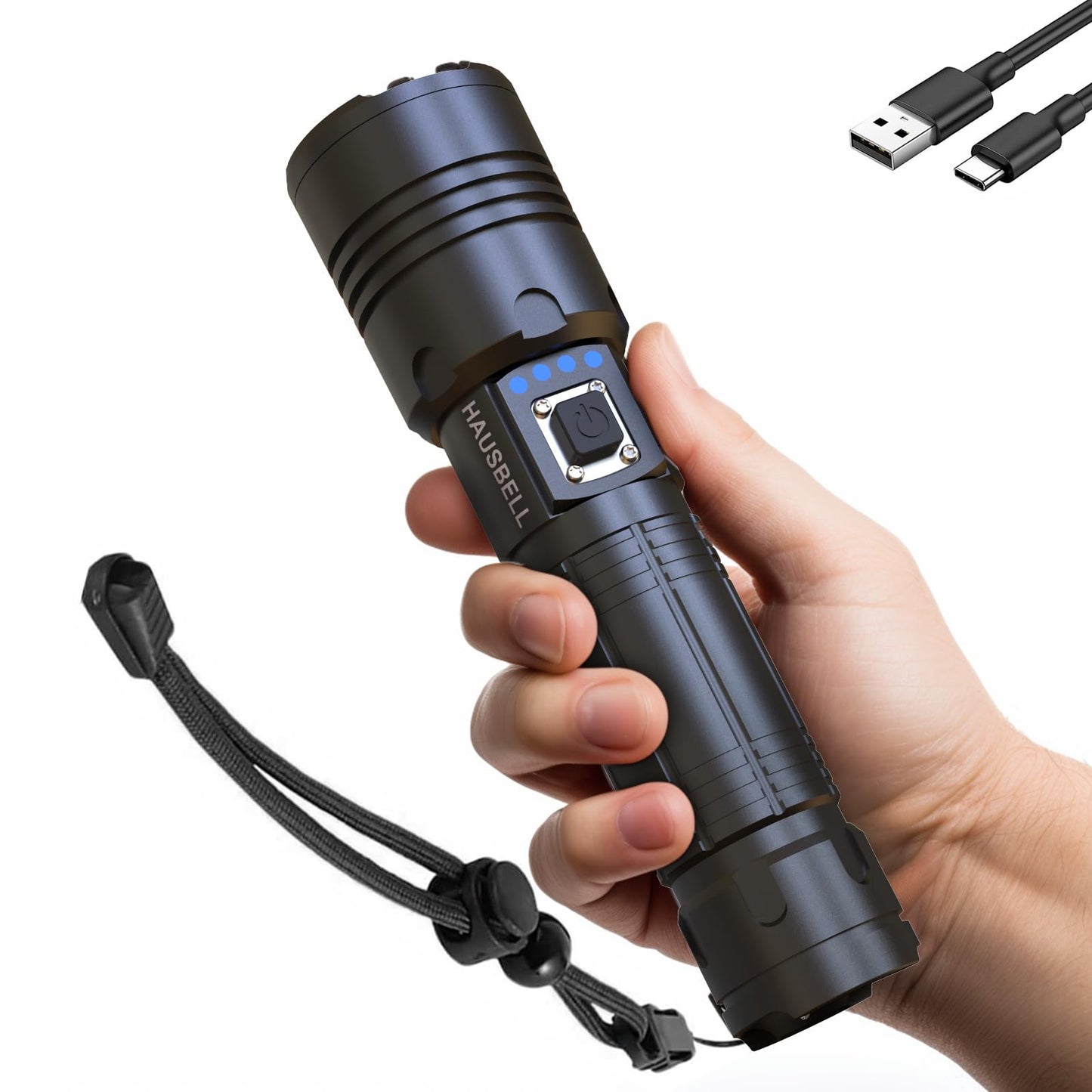 HAUSBELL A100 Rechargeable Flashlight, 2000FT Ultra-Bright Beam, 5 Modes Zoomable for Camping & Emergency, USB-C Fast Charging, Lightweight 7.8oz, Battery Display – Keep in Car, Home, or Gift for Men