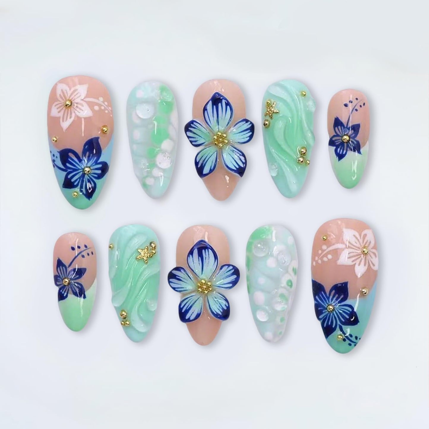 Short Almond Press-On Nails - 24 Pcs French Tip with Leopard Print & Gold Beads | Reusable Acrylic Nail Designs for Women