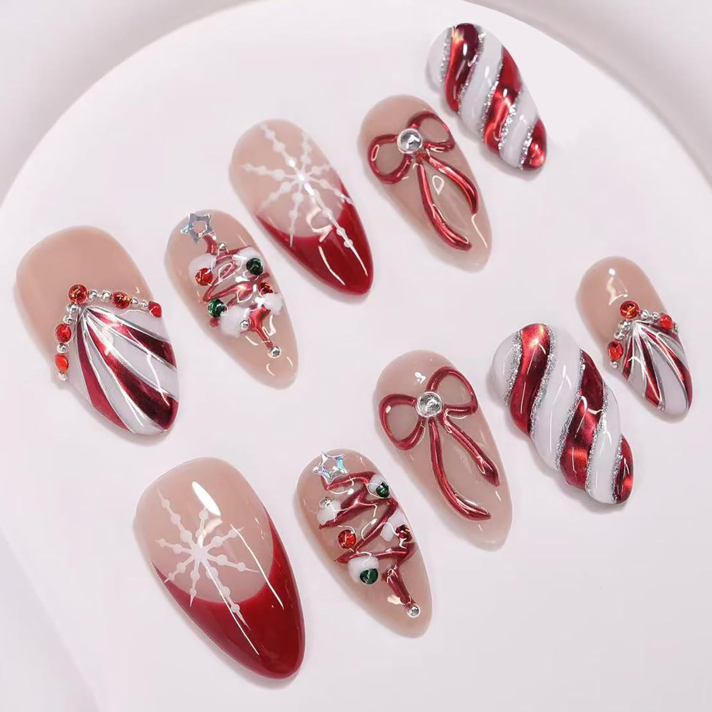Christmas Press-On Nails - 24pcs Almond Medium Fake Nails with 3D Santa Claus & Snowman Designs | Holiday Nail Art Set
