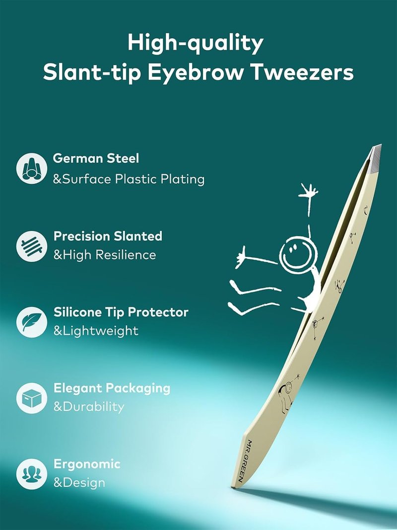 MR.GREEN Tweezers,Professional Precision Eyebrow Tweezers for Women and Men, Tweezers for Facial Hair Women, Stainless Steel Slanted Hair Removal Tweezers, Eyebrow Plucker, Ingrown hair tweezers