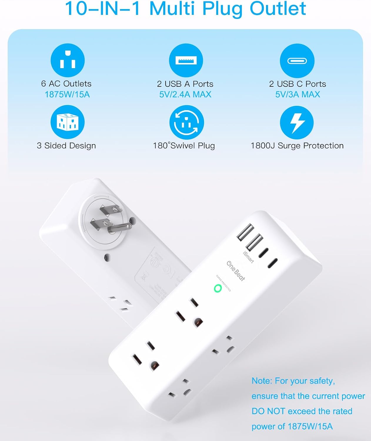 Surge Protector Outlet Extender - 6 AC Multi Plug with 4 USB Ports, Rotating Plug & 1800J Protection | Ideal for Home, Office & Travel