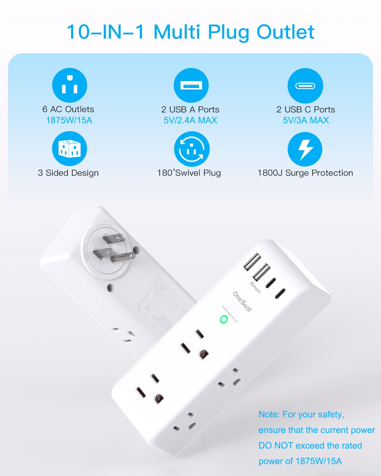 Surge Protector Outlet Extender - with Rotating Plug, 6 AC Multi Plug Outlet with 4 USB Ports (2 USB C), 1800J Wall Charger, 3-Sided Power Strip with Spaced Outlet Splitter for Home, Office, Travel