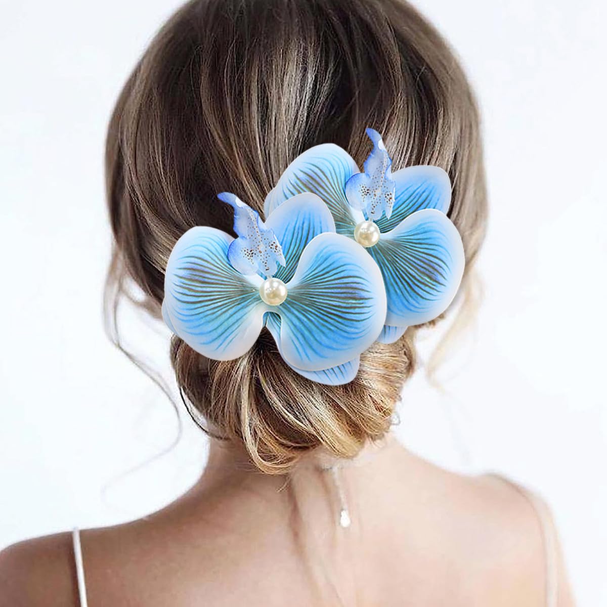 Boho Orchid Hair Clips - 2pcs Artificial Phalaenopsis Barrettes | Bridal Beach Party Accessories (Blue)