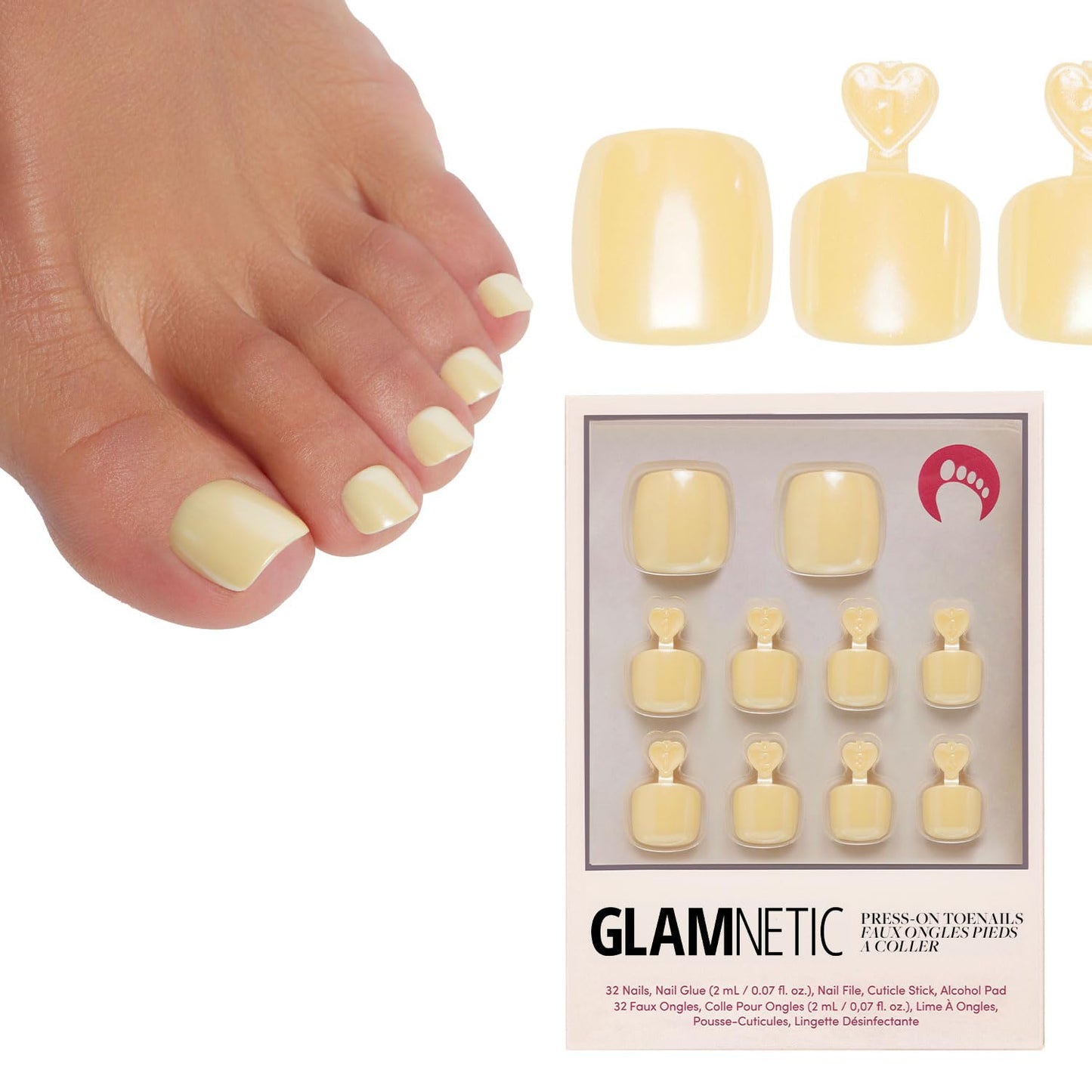 Press On Toenails - Sheer Peach Semi-Transparent Fake Toe Nails | Glossy Finish, 16 Sizes - 32 Piece Kit with Glue