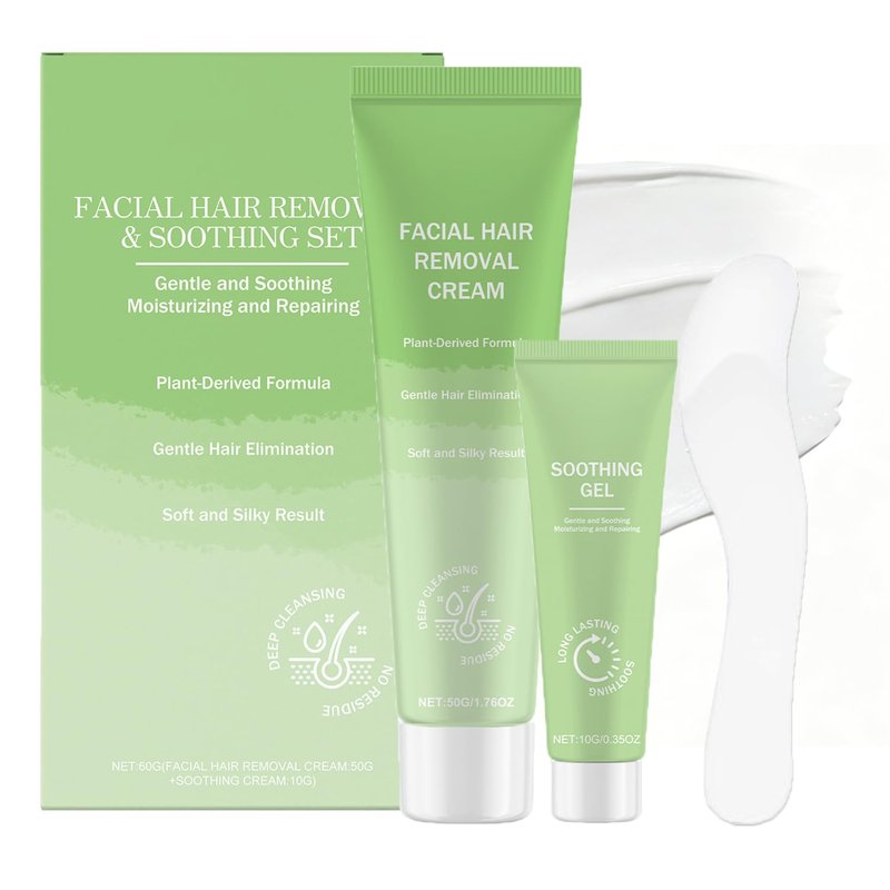 Facial Hair Removal Cream for Women - (Contains Soothing Gel) Kit Gentle & Painless Hair Remover for Upper Lip Chin & Sideburns, 5-8Minute Quick Depilatory Cream for Sensitive Skin Effective at-Home