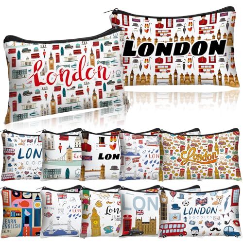 12 Pack London Themed Canvas Cosmetic Bags - Travel Makeup Pouch Set