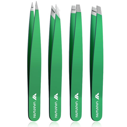 VANWIN Tweezers Set, 4 Pack Professional Stainless Steel Precision Tweezers with Slant, Pointed, Flat & Angled Tips for Eyebrow, Facial Hair, Ingrown Hair, Splinter & Blackhead Removal for Women & Men