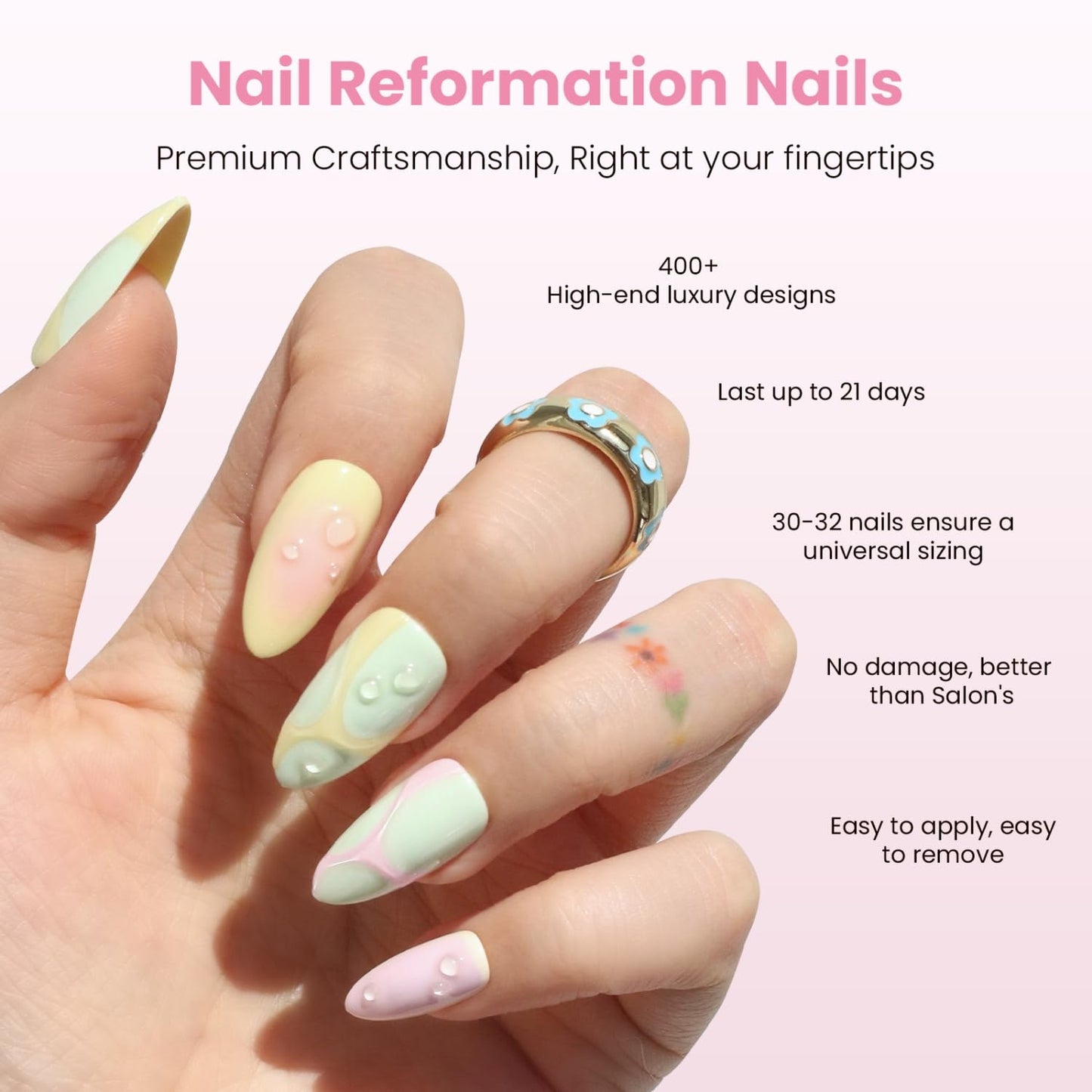 Press On Nails - 3D Bubble Medium Almond Fake Nails in Vibrant Colors | Salon Quality, Reusable 30 Nail Kit in 15 Sizes