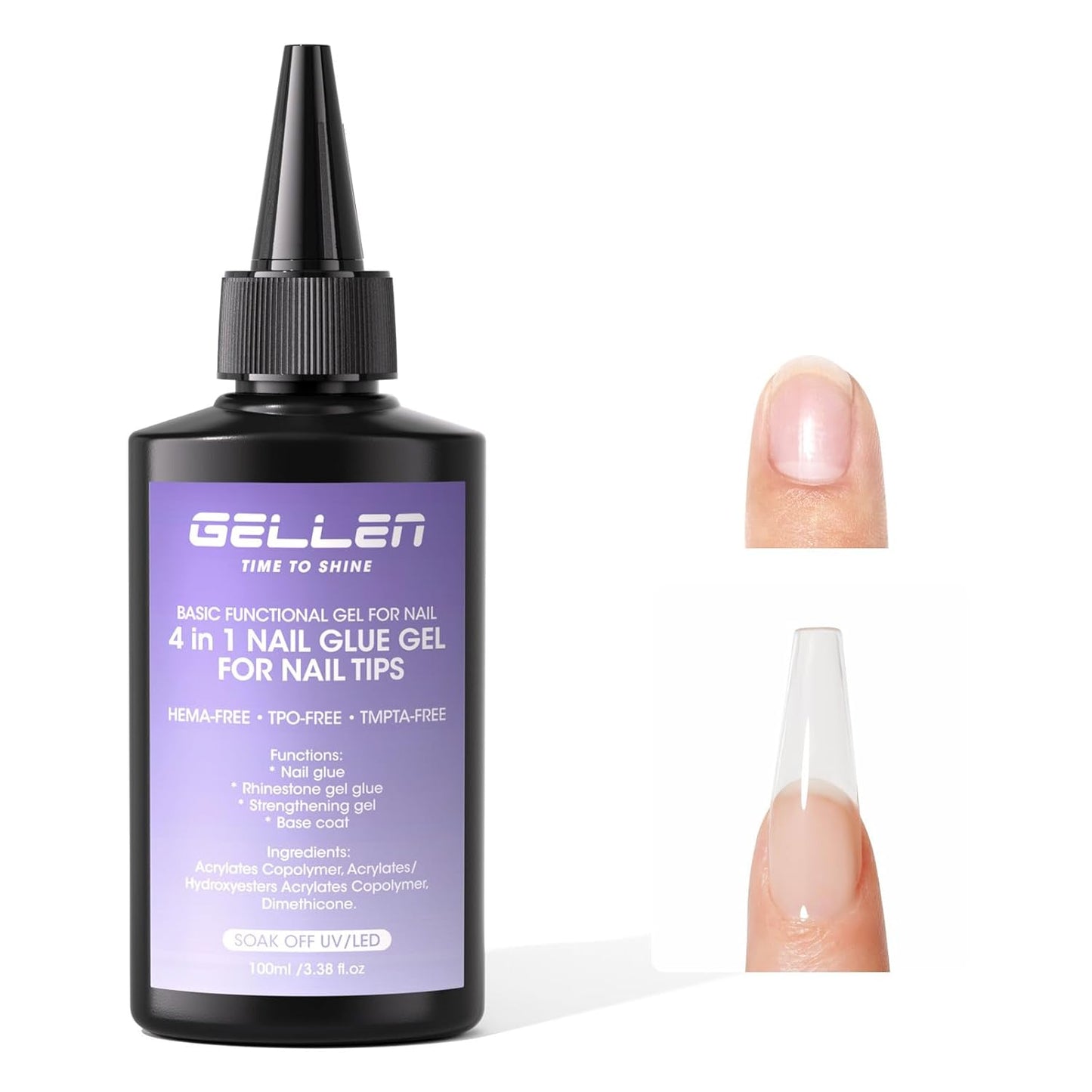 GELLEN 4 in 1 Gel Nail Glue Refill - 100ml Strong Adhesive for Acrylic Nail Tips | HEMA TPO TMPTA 3-Free, UV Light Cured