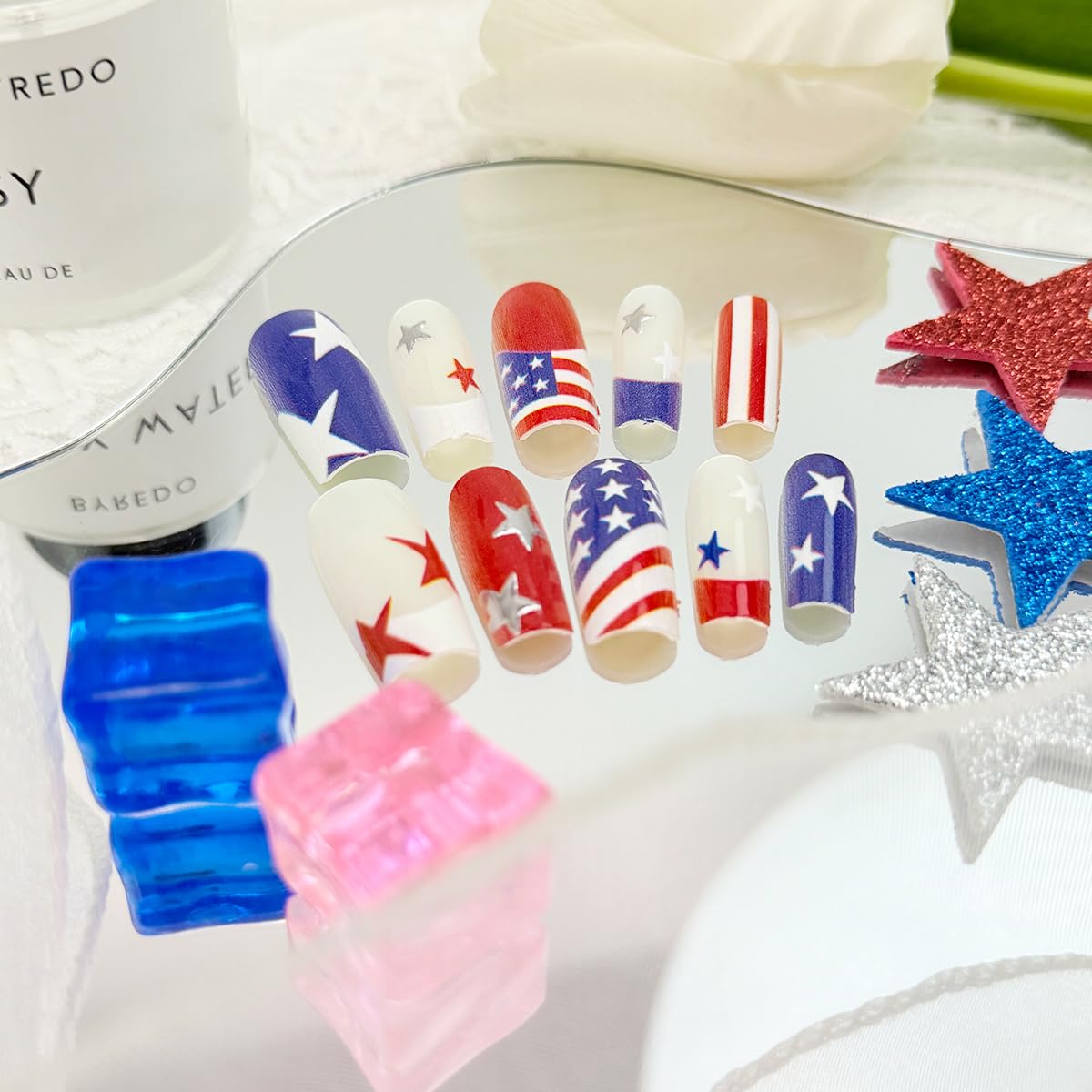 30Pcs 4th of July Press On Nails Medium Square French Tip Fake Nails Red White Blue Stars Stripes American Flag Design Patriotic Stick On Nails Independence Day Acrylic False Nails for Women Girls