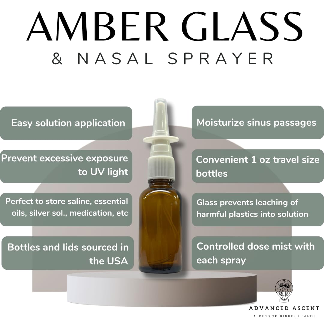 ADVANCED ASCENT Amber Glass 1 oz Nasal Sprayer! EMPTY, Refillable, Travel Sized, Quality Glass for Saline Applications! (2 Pack)