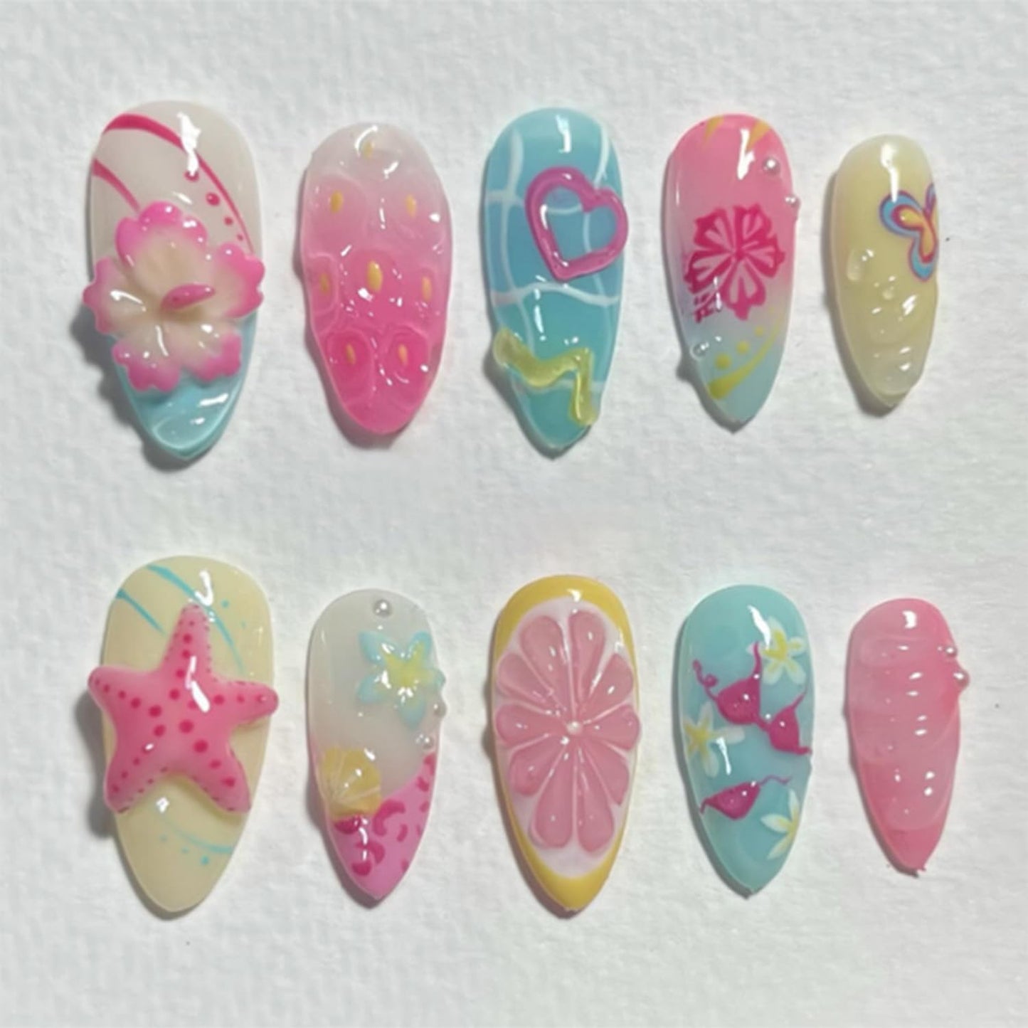 24Pcs Summer Press on Nails Medium Almond Fake Nails with 3D Tropical Fruit Flower Starfish Design Marine Ocean Beach False Nails Cute Glue on Nails for Women Acrylic Manicure Decoration Accessories