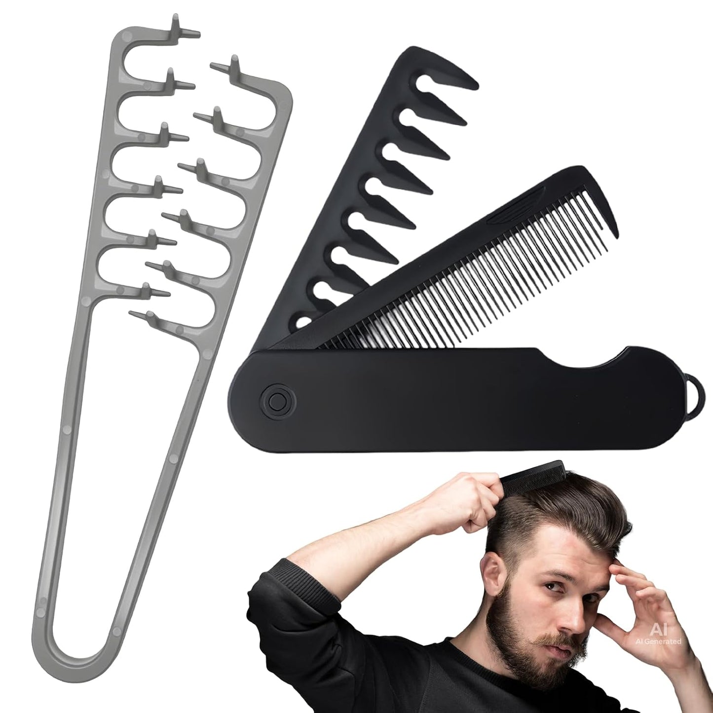 Volumizing Texture Comb Set for Men - Travel Folding Design | Dual-Purpose Wide & Fine-Toothed Comb