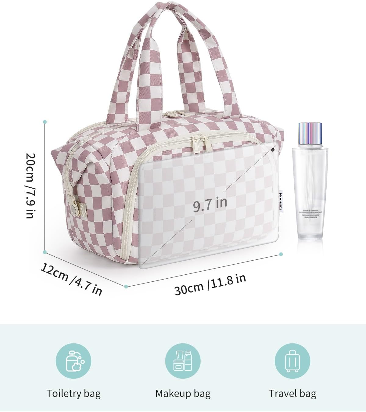 Travel Toiletry Bag for Women - Large Makeup Organizer with Handle | Wide Open Design, Wet Pocket - Dusty Pink Checker