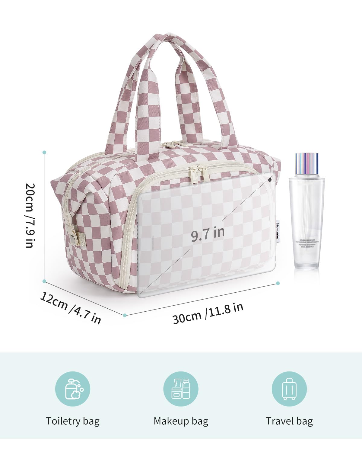 Narwey Travel Toiletry Bag for Women, Large Makeup Bag, Wide Open Cosmetic Make Up Organizer with Handle, Wet Pocket for Towel, Travel Bag for Toiletries, Brushes, Essentials (Dusty Pink Checker)