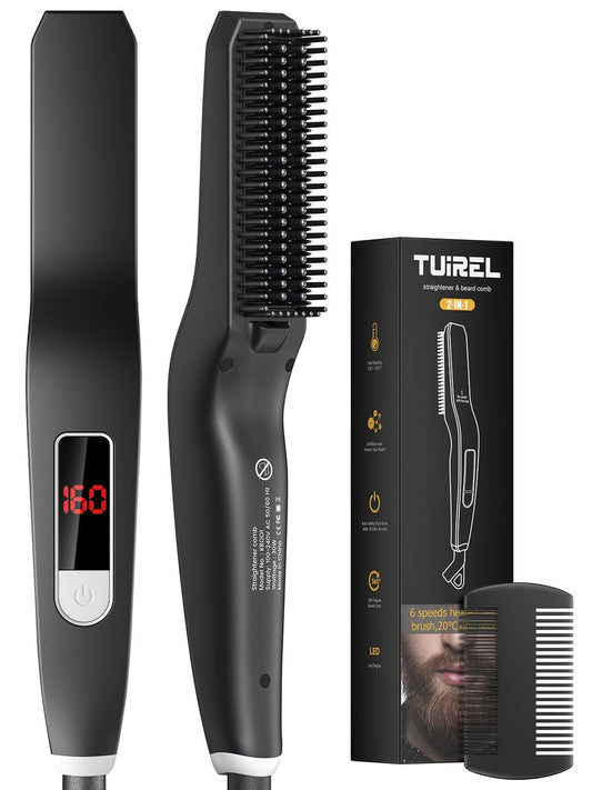 TUIREL Beard Straightener for Men, 2 in 1 Heated Beard Brush, 6 Temperature Settings LCD Display Anti-scalding Hot Comb for Beard Care Kit for Men Gifts Set