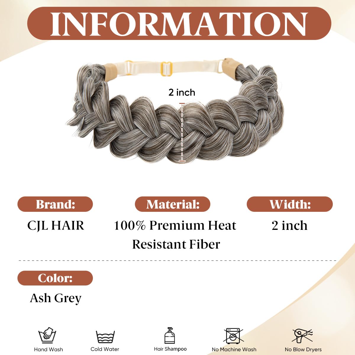 Wide Elastic Braided Headband for Women | Adjustable Synthetic Hair Hairpiece - Ash Grey