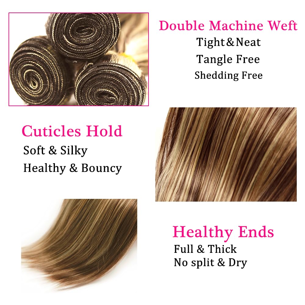 16 18 20 Inch P30/613 Highlight Blonde Bundles Human Hair 3 Bundles Brazilian Remy Hair 50 Grams/Bundle 10A Grade Unprocessed Virgin Hairs Straight Bundle Weaves Extensions