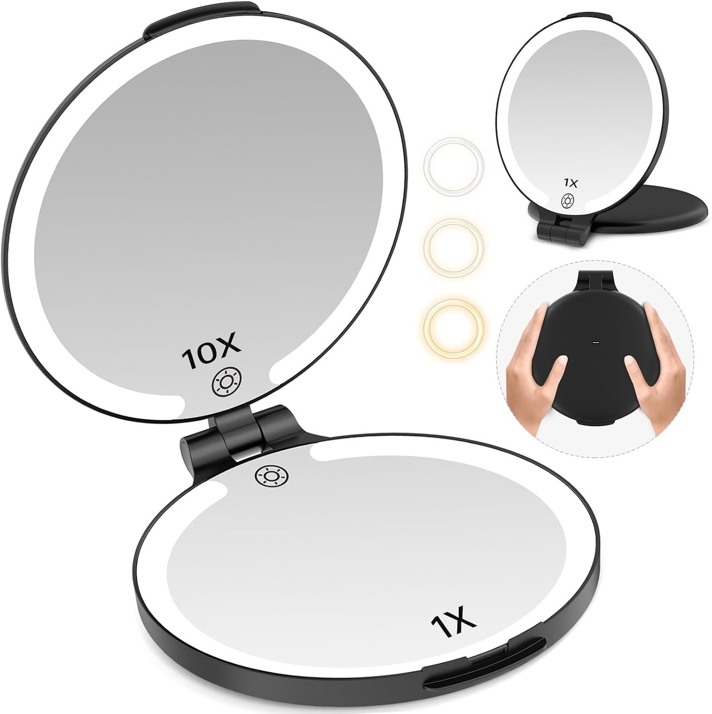 Travel Mirror with Light - 1X/10X Rechargeable Makeup Mirror | 7'' Double-Sided, 3 Color Lighting Modes, Portable Vanity - Black