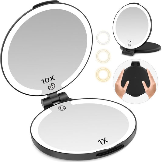 Travel Mirror with Light - 1X/10X Rechargeable Makeup Mirror | 7'' Double-Sided, 3 Color Lighting Modes, Portable Vanity - Black