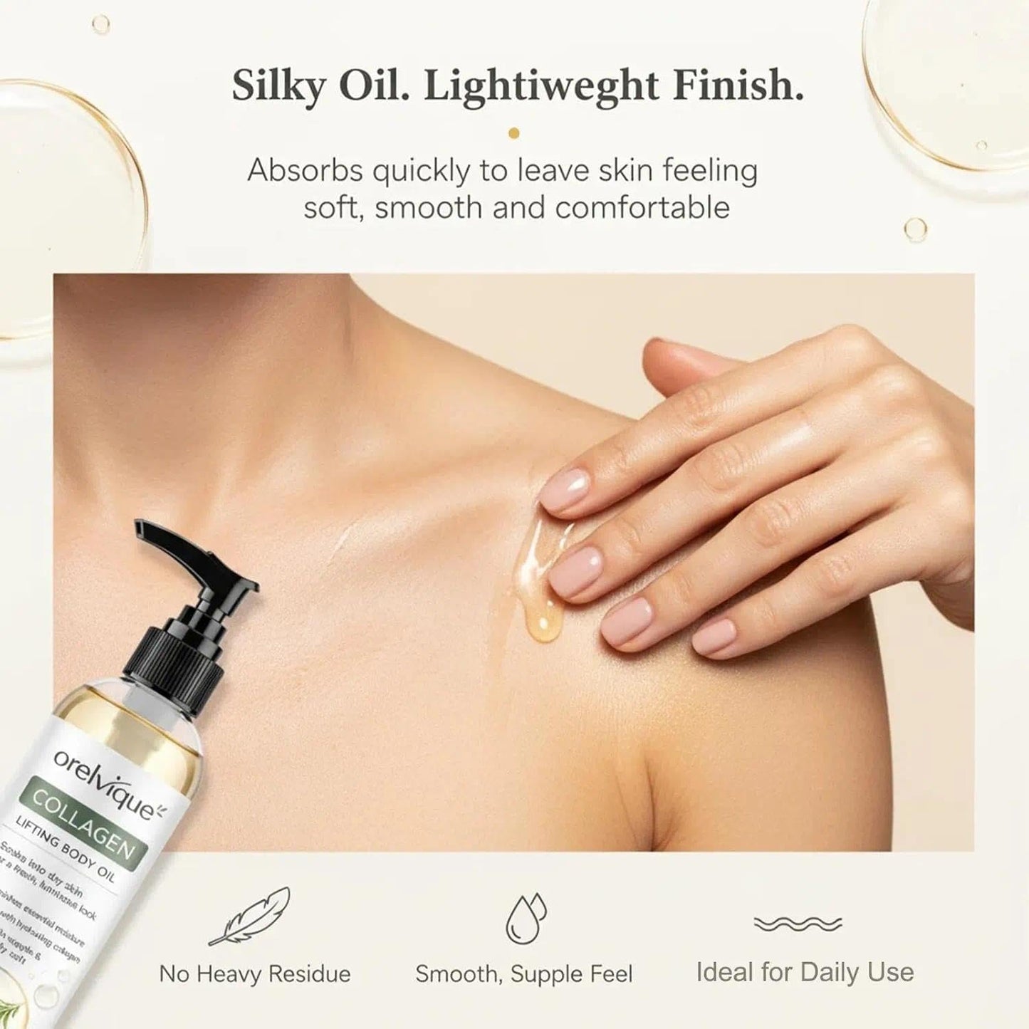 Relify Orelvique Collagen Oil for Skin Tightening, Firming Moisturizing Oil for Arms, Legs, Neck & Face, Fast-Absorbing Non-Greasy Formula with Marine Collagen, Jojoba, Shea Butter, Aloe Vera (1pc)