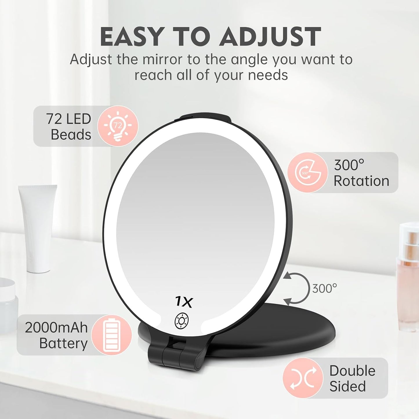 Travel Mirror with Light - 1X/10X Rechargeable Makeup Mirror | 7'' Double-Sided, 3 Color Lighting Modes, Portable Vanity - Black