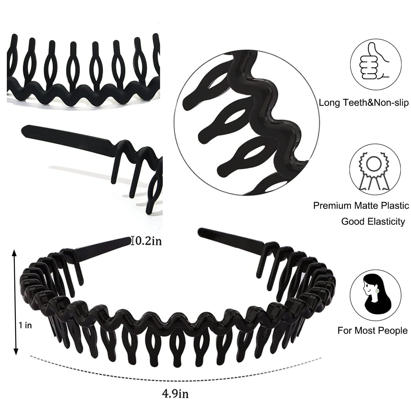 LAPOHI Non-Slip Plastic Headbands - 8 Pack Effortless Hair Accessories for Women & Teens | Matte Black