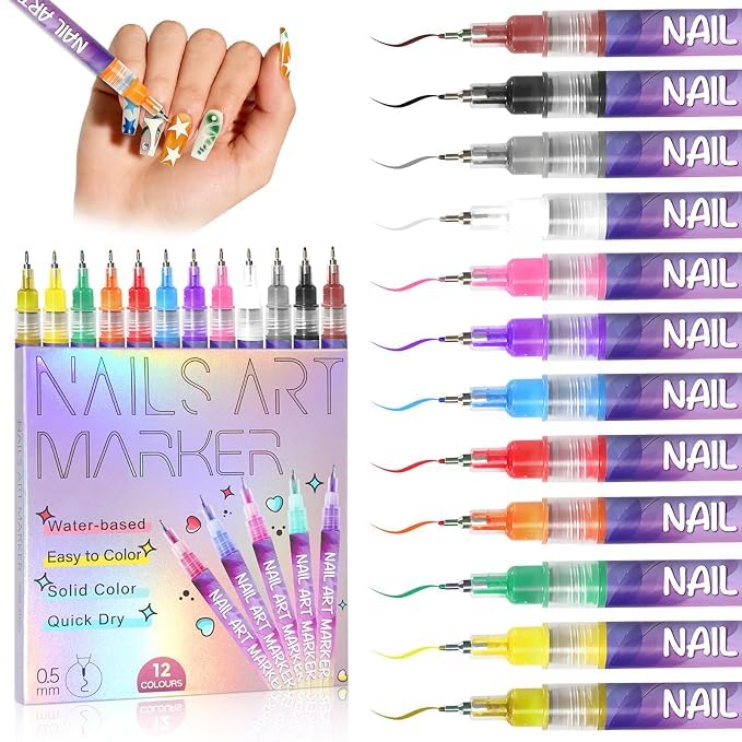 12 Color Nail Art Pens Set - 0.5MM Precision Markers for Adults & Kids