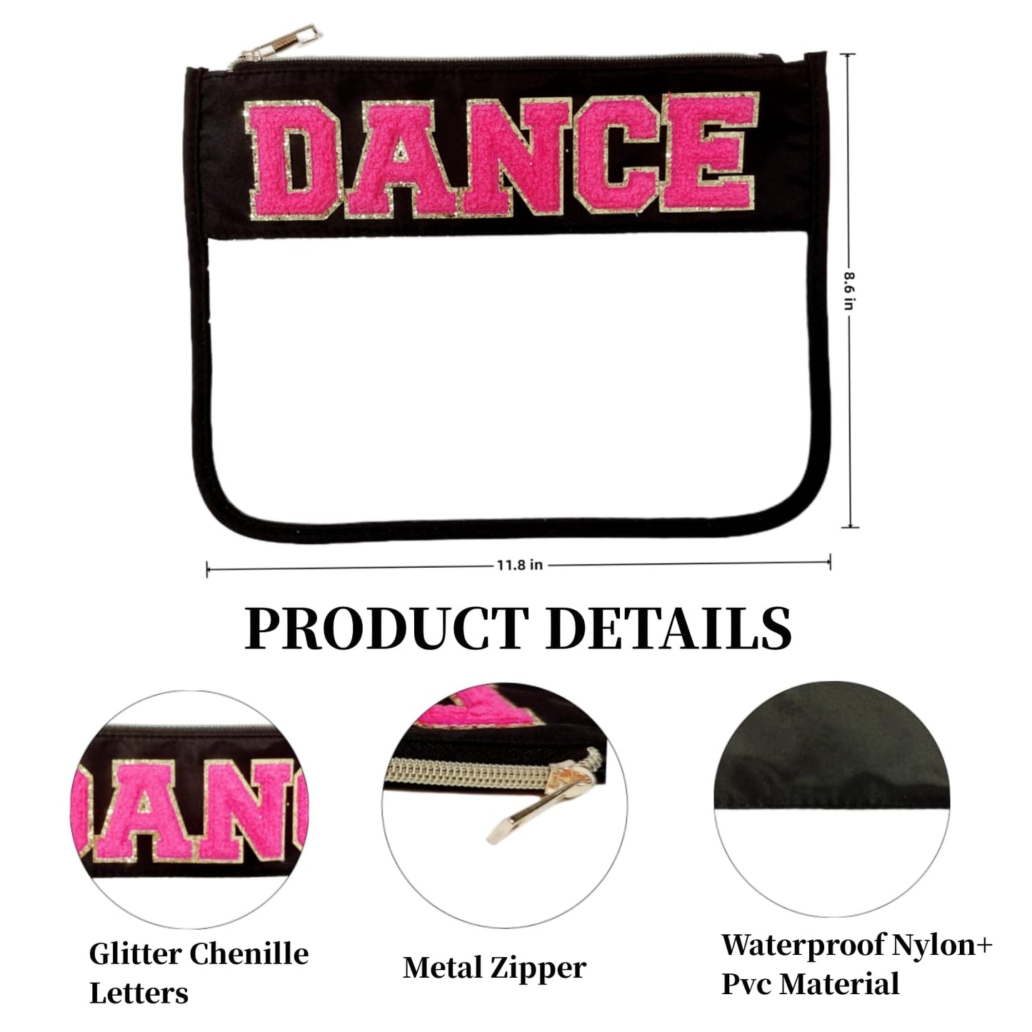 Dance Recital Gifts Clear Makeup Letter Bag Dance Teacher Appreciation Gifts Dance Makeup Bag Chenille Letter Patch Cosmetic Bag Toiletry Zipper Pouch for Women Girls(Dance-black)