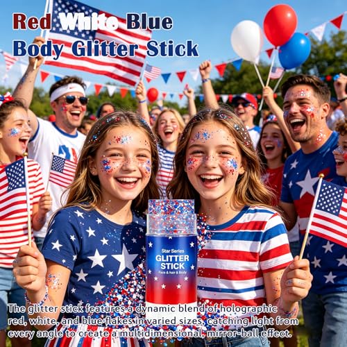 4th of July Body Glitter Stick - Red White Blue Face & Hair Glitter