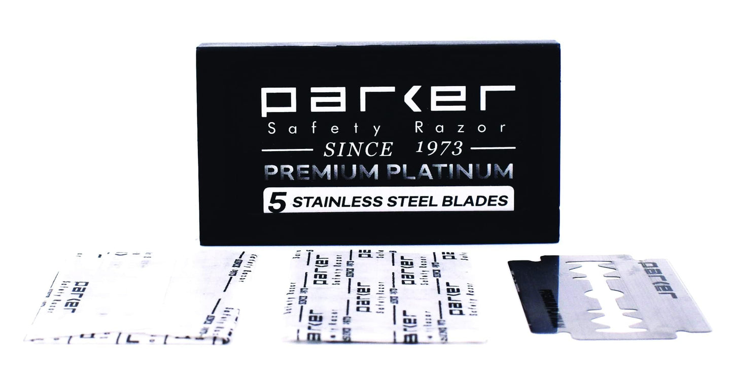Parker, 90R Nickel Plated Long Handle Butterfly Open Double Edge Safety Razor for Men, 5 Parker Premium Platinum Double Edge Razor Blades Included