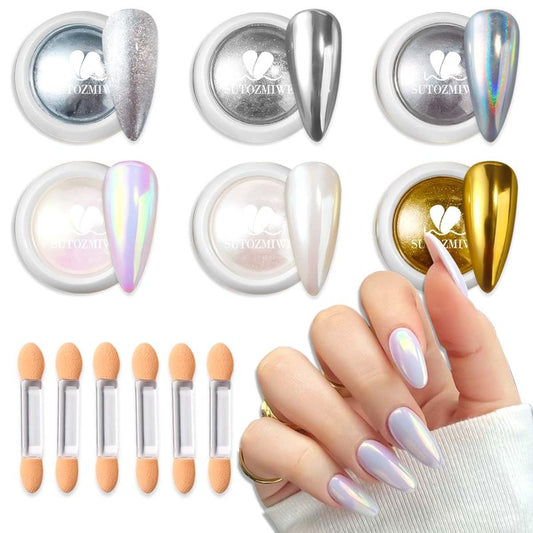 6 Colors Chrome Nail Powder,Gold Silver Super Metallic Effect Chrome Powder for Nails,Holographic Mirror Glitter White Pearl Pigment Dust Kit for Gel Polish Nail Art Decoration Manicure Nail Supplies