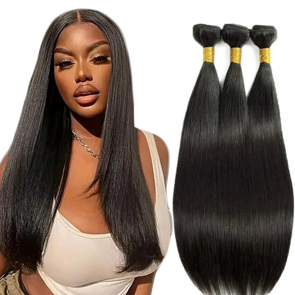 Straight Bundles Human Hair Bundles 16 18 20 Inch #1B Natural Black Color Straight 3 Bundle Unprocessed Brazilian Virgin Weave Hair Extensions 50 Gram Per Bundle for Black Women