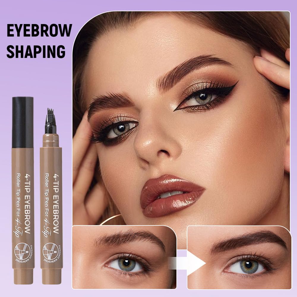 2PCS Microblading Eyebrow Pencils, 2026 Upgraded 4 Tipped 3D Waterproof Brow Pencil with Micro-Fork Tip Magic Eyebrow Contouring Pencil Brush for Women Natural Makeup (Light Brown)