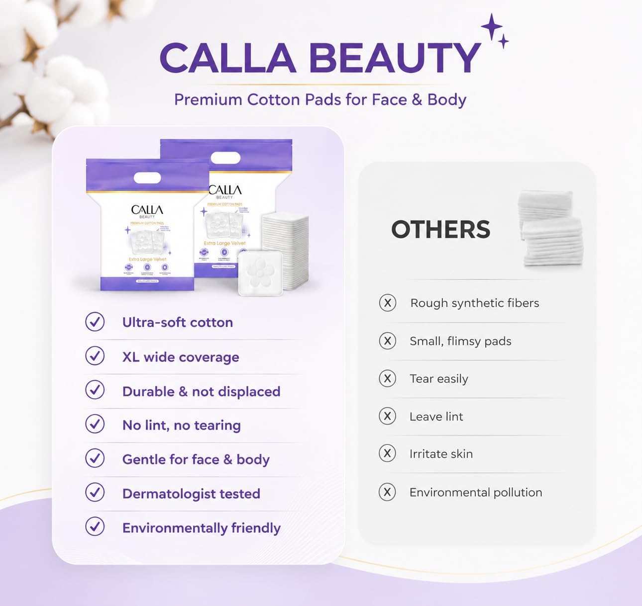 CALLA BEAUTY Velvet XL Cotton Pads, 300 Counts (250 + 50 Extra) - Premium Spunlace Technology - Large, Ultra Soft Square Pads for Makeup Removal, Toner, Nail, Lint-Free & Absorbent for Face & Body