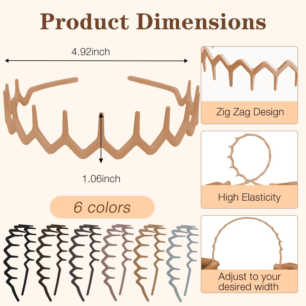 Zig Zag Headbands for Women - Non-Slip Plastic Hair Bands | 6 Pack 90s Retro Style Accessories
