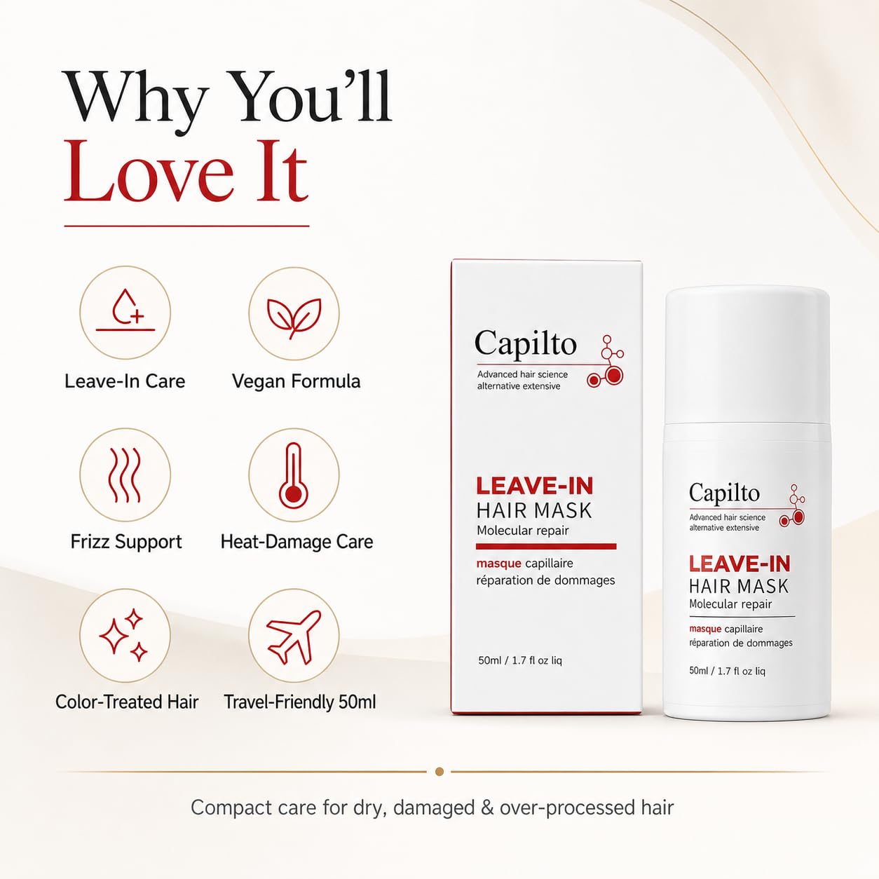 Capilto Leave-In Molecular Hair Repair Mask Keratin – Deep Conditioning Repair for Frizzy & Damaged Hair, Fixes Bleach, Color & Heat Damage in 4 Minutes, Vegan & Paraben Free 50ml