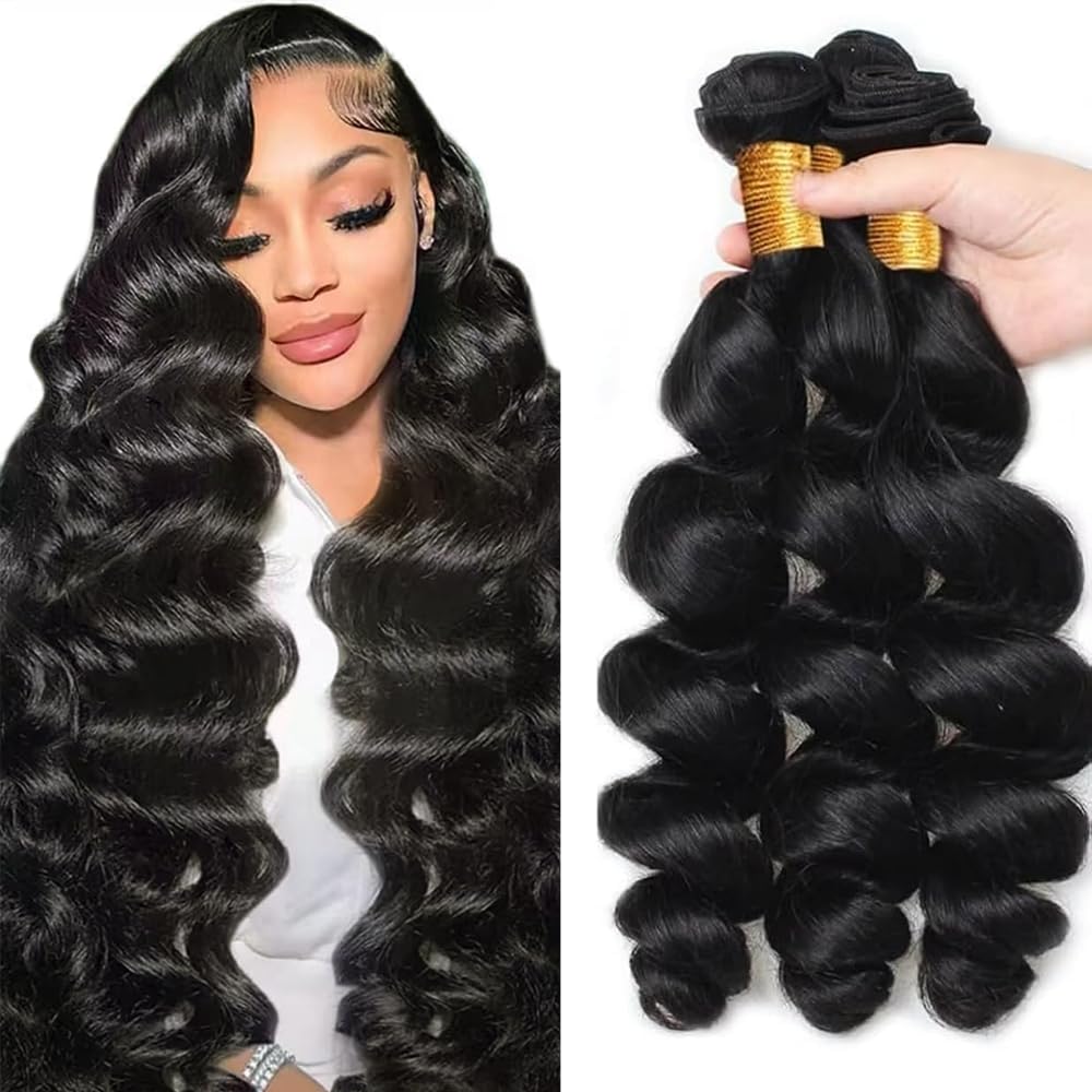 28 30 32 Inch Loose Wave Bundles Loose Wave Bundles Human Hair LadrXadr Black Human Hair Bundle Unprocessed Virgin Color 1B Bundle 150g