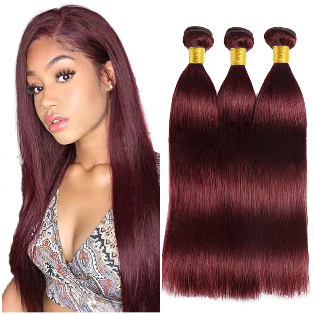 Burgundy Bundles Human Hair Straight Bundles 18 20 22 Inch #99J Wine Red Straight Bundle Unprocessed Brazilian Virgin Weave Hair 3 Bundle 50 Gram Per Bundle