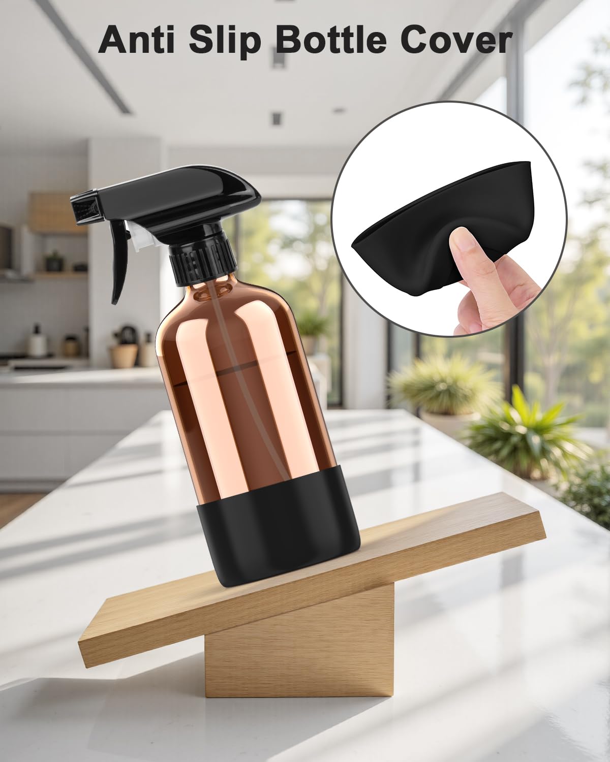 Bontip Amber Glass Spray Bottle with Silicone Sleeve Protection, 16 oz Refillable Spray Bottles for Cleaning Solutions, Plants, Aromatherapy, Facial Hydration (1, Black, 16 oz)