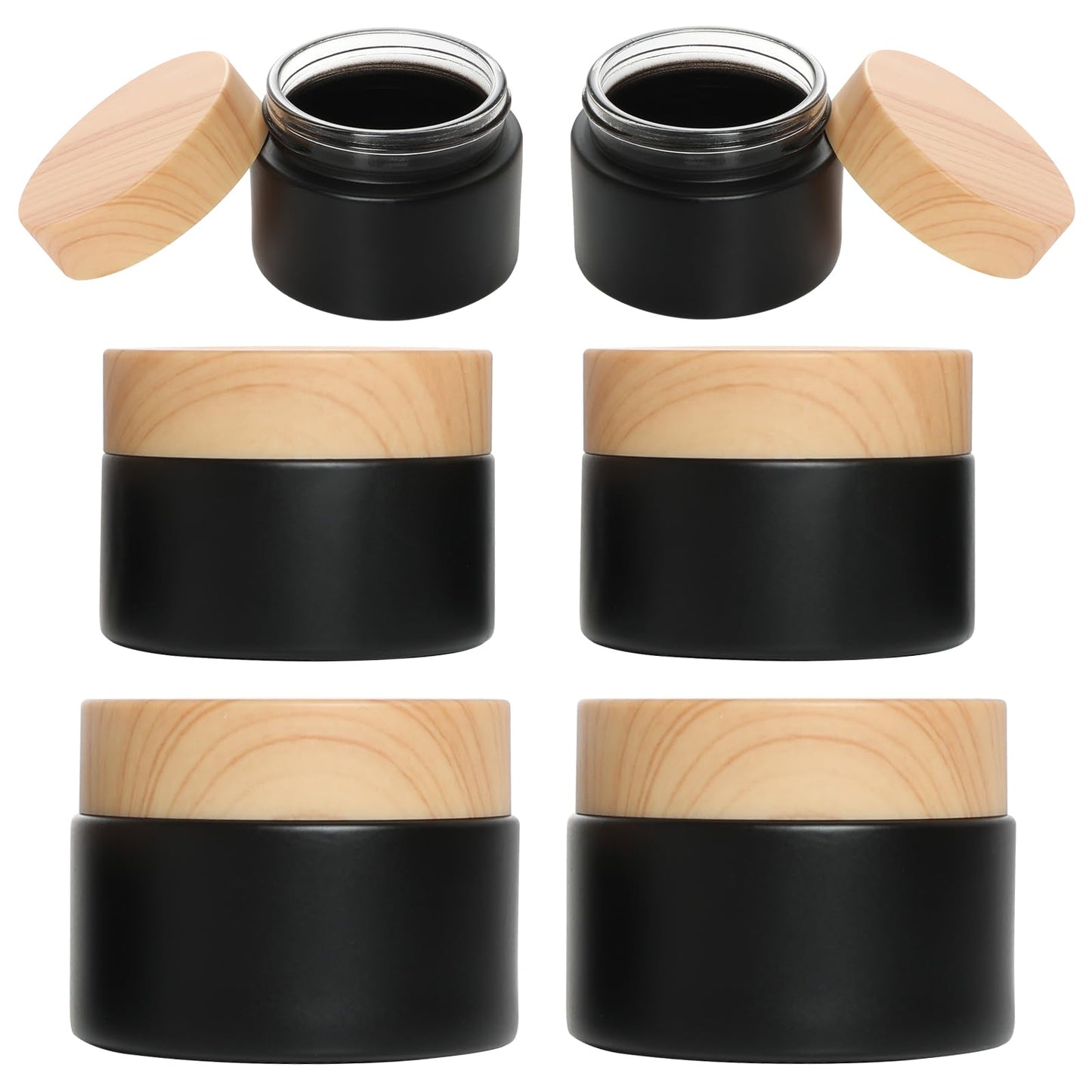 Miayon 6Pcs Glass Lotion Cream Container with Lid Refillable Empty Sample Cosmetic Jar for Makeup Scrub Cream Toiletries Home Travel (Black,15ml,30ml,50ml)