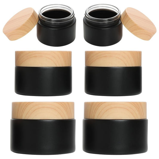 Miayon 6Pcs Glass Lotion Cream Container with Lid Refillable Empty Sample Cosmetic Jar for Makeup Scrub Cream Toiletries Home Travel (Black,15ml,30ml,50ml)