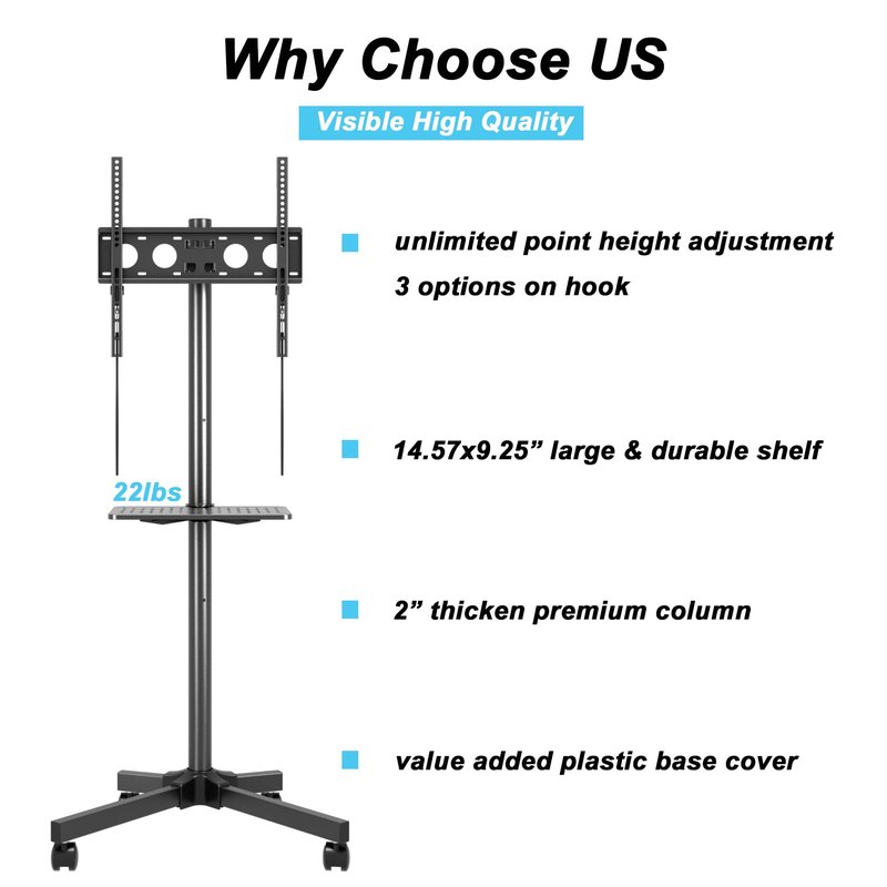 Mobile TV Carts on Wheels for 21-60 Inch Flat/Curved Panel Screens TVs - Height Adjustable Floor Trolley Stand with Shelf Holds up to 77lbs - Max VESA 400x400mm