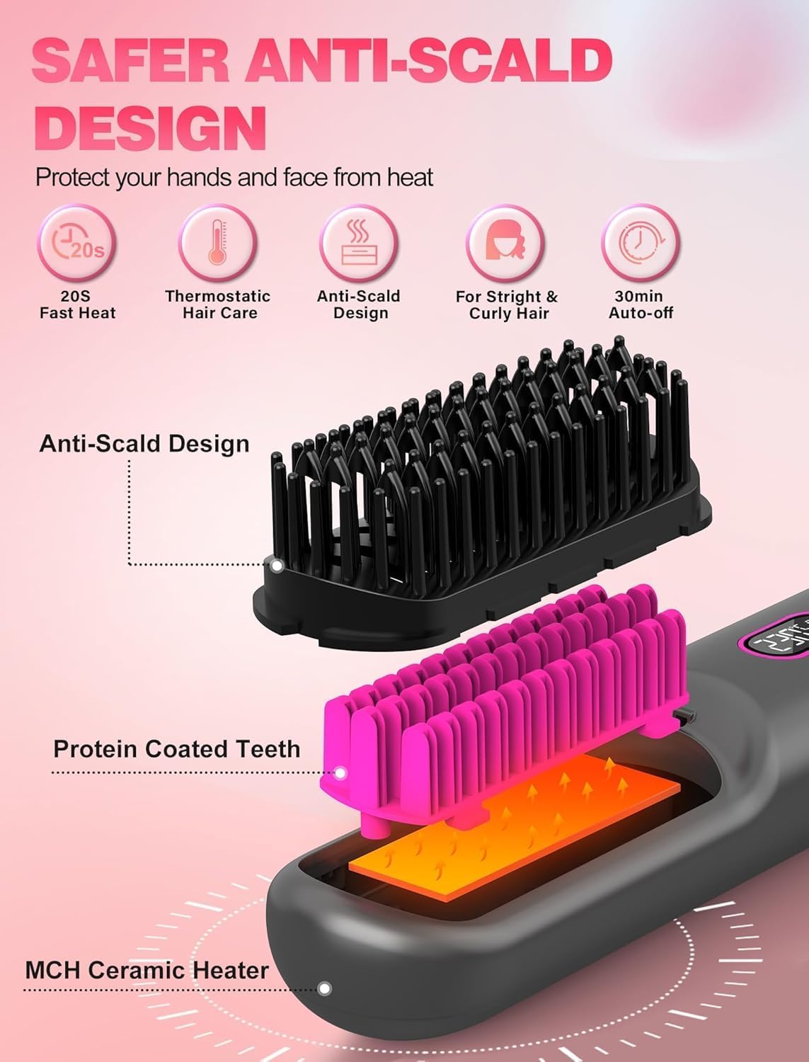 Cordless Hair Straightener Brush - Go Brush Pro for Short Hair | 20M Negative Ions, Fast Heat, 12 Temp Settings, Grey