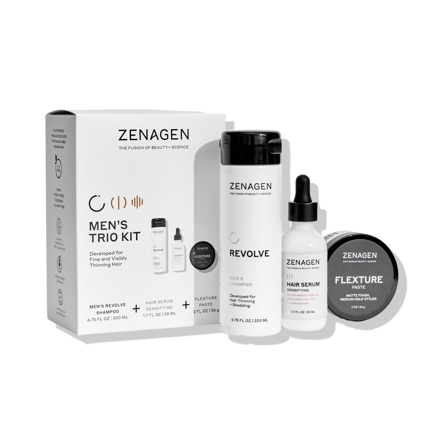 ZENAGEN Men's Trio Kit for Fine & Thinning Hair - Plant-Based Shampoo, Densifying Serum & Flexture Paste, 1 Set