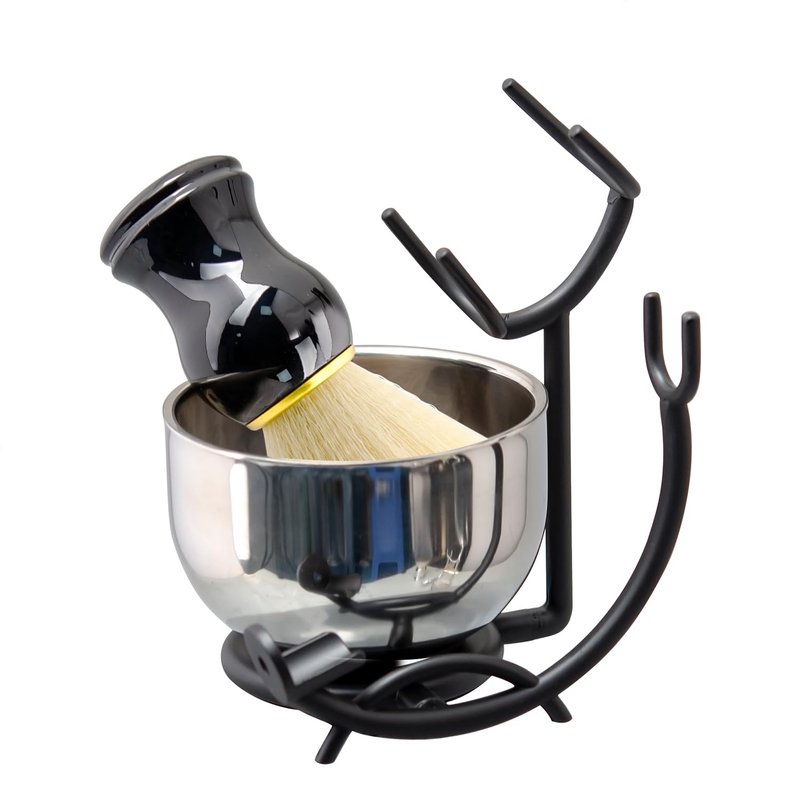 Grandslam Deluxe Shaving Kit for Men, 3 in 1 Shaving Set Includes Shaving Brush, Stainless Steel Shaving Bowl and Razor & Brush Holder, Black Set