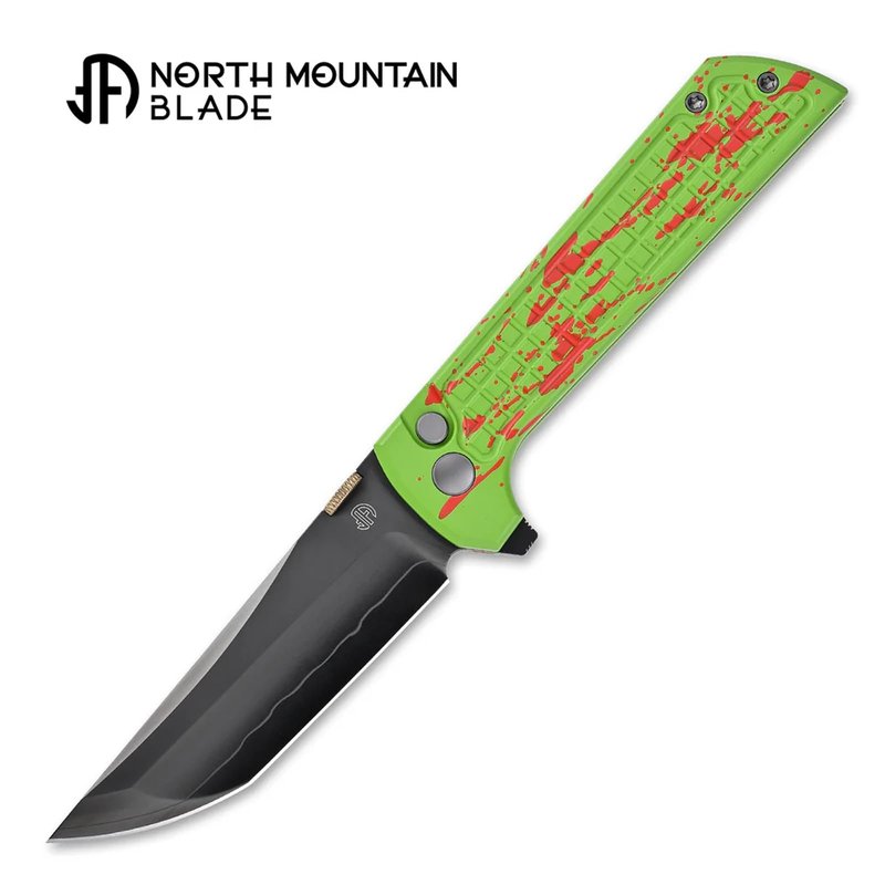 North Mountain Blade Manual Folding Pocket Knife for Men - SLD-Magic 3-Layer San Mai Steel - 3.5" DLC Coated Modified Tanto Blade - Lightweight Aluminum Handle with Secure Button Lock - Precision EDC Utility Tool for Outdoor Camping & Hiking (Grid Green)