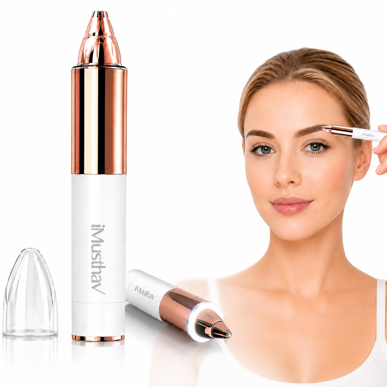 iMusthav Eyebrow Trimmer for Women, Precise & Painless Eyebrow Razor with LED Light, Electric Facial Hair Remover for Flawless Brows, Lip & Face, Battery Operated, Travel-Friendly, Gold-Plated Design